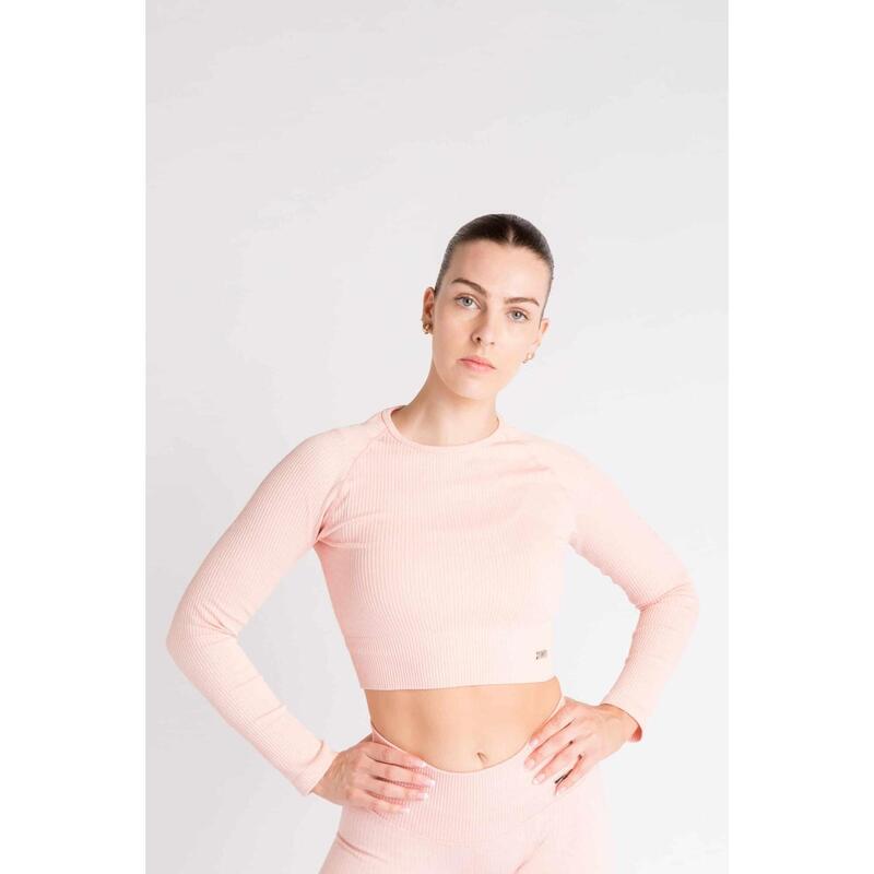 Ribbed Seamless Crop Top à Manches Longues Fitness - Femme - Rose