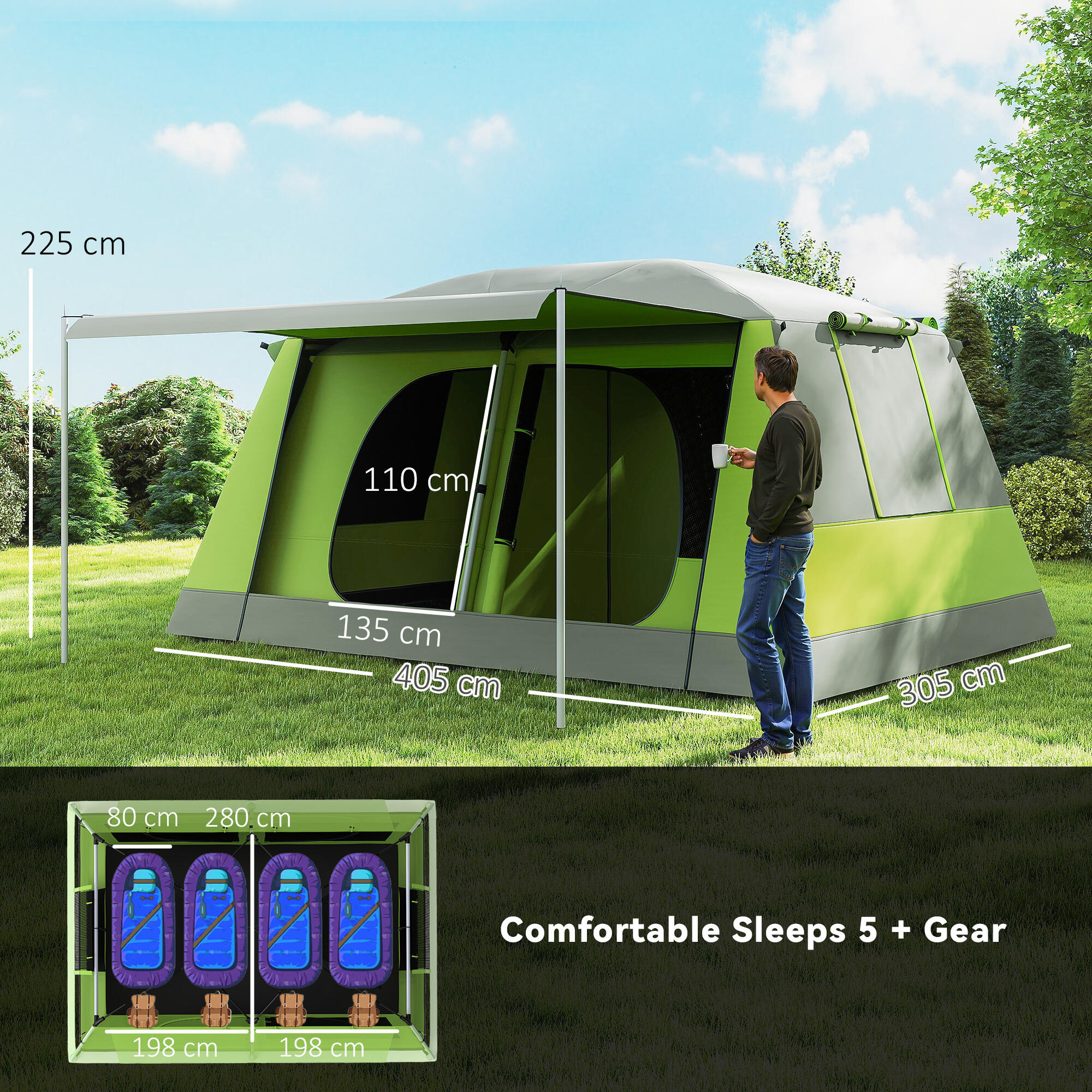 Outsunny Tenda da Campeggio con Veranda 4-8 Persone 405x305x225cm 3/8