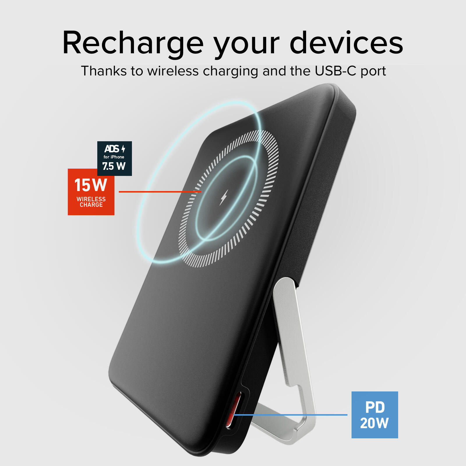 PowerBank 5000 mAh con stand integrato, compatibile con MagSafe 3/7