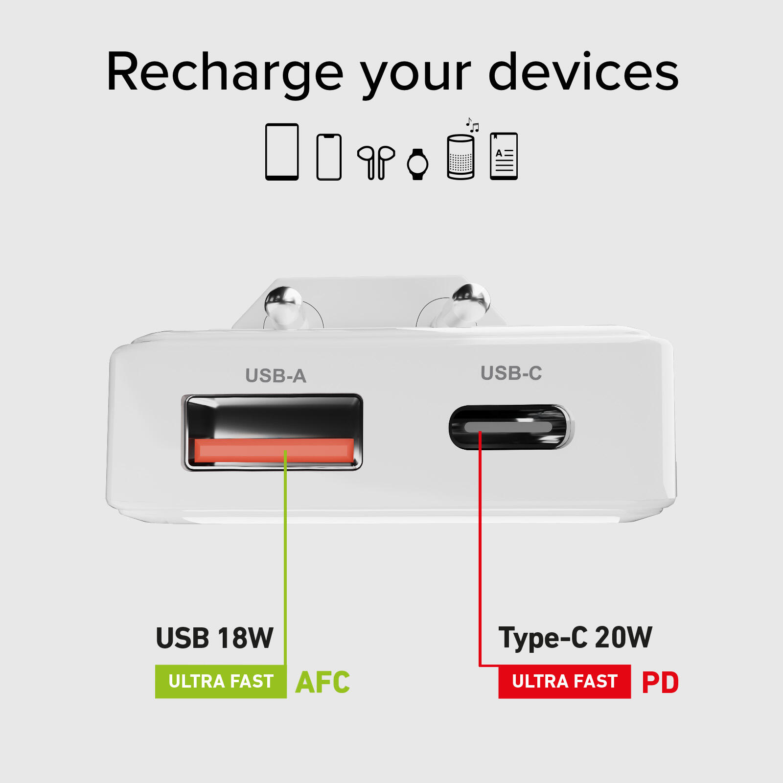 Caricatore 20W PD, spina pieghevole, porte USB-A e USB-C, design slim 6/7