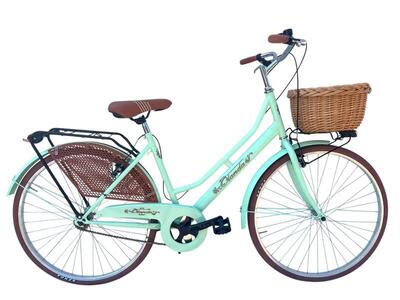 Bicicletta Donna da Passeggio 26 Bici città con Cestino in Vimini Verde Mar