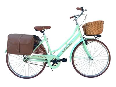 Bicicletta Donna da Passeggio 26 Bici città Vintage con Vimini e Borse Verde Mar