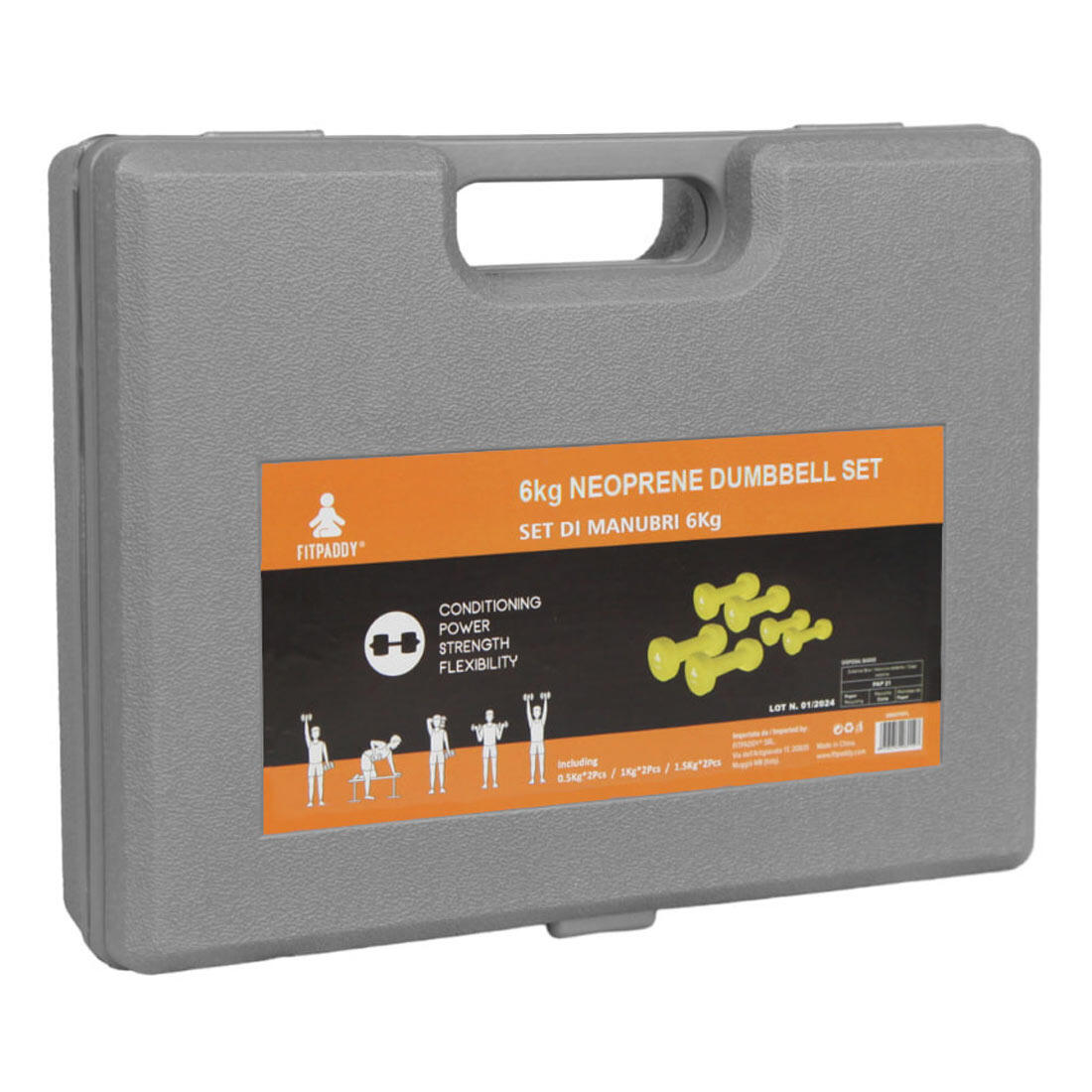 Kit manubri fitness 6 kg con valigetta | neoprene softgrip | 6 pezzi | esagonali 2/2