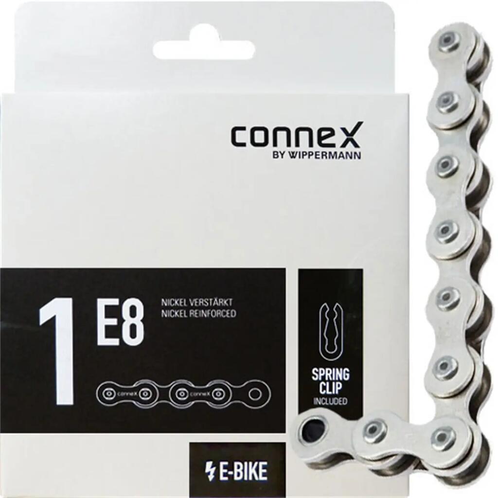 Connex 1E8 E‑Bike Chain — 124 Links, Nickel-Plated, Reinforced.