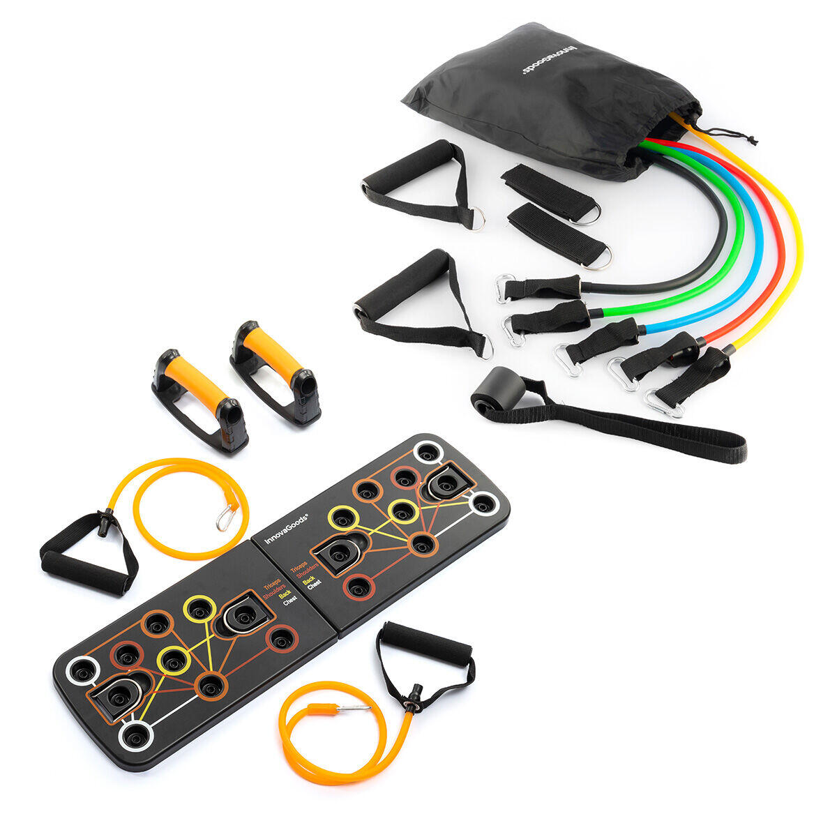 INNOVAGOODS Pack Tavola per Flessioni Push-Up e Set di Bande di Resistenza con Accessori e M