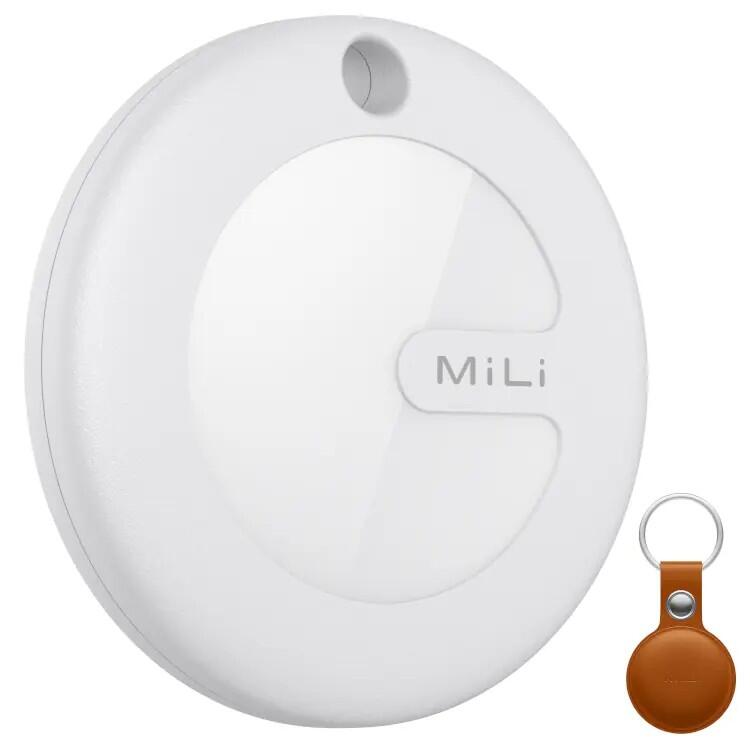 Lokalizator biały bluetooth x1 z brązowym etui z zawieszką dla iOS MILI MiTag