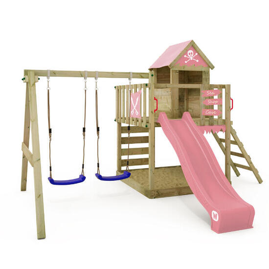 Aire de jeux Smart Cave avec balançoire et toboggan pastel rose