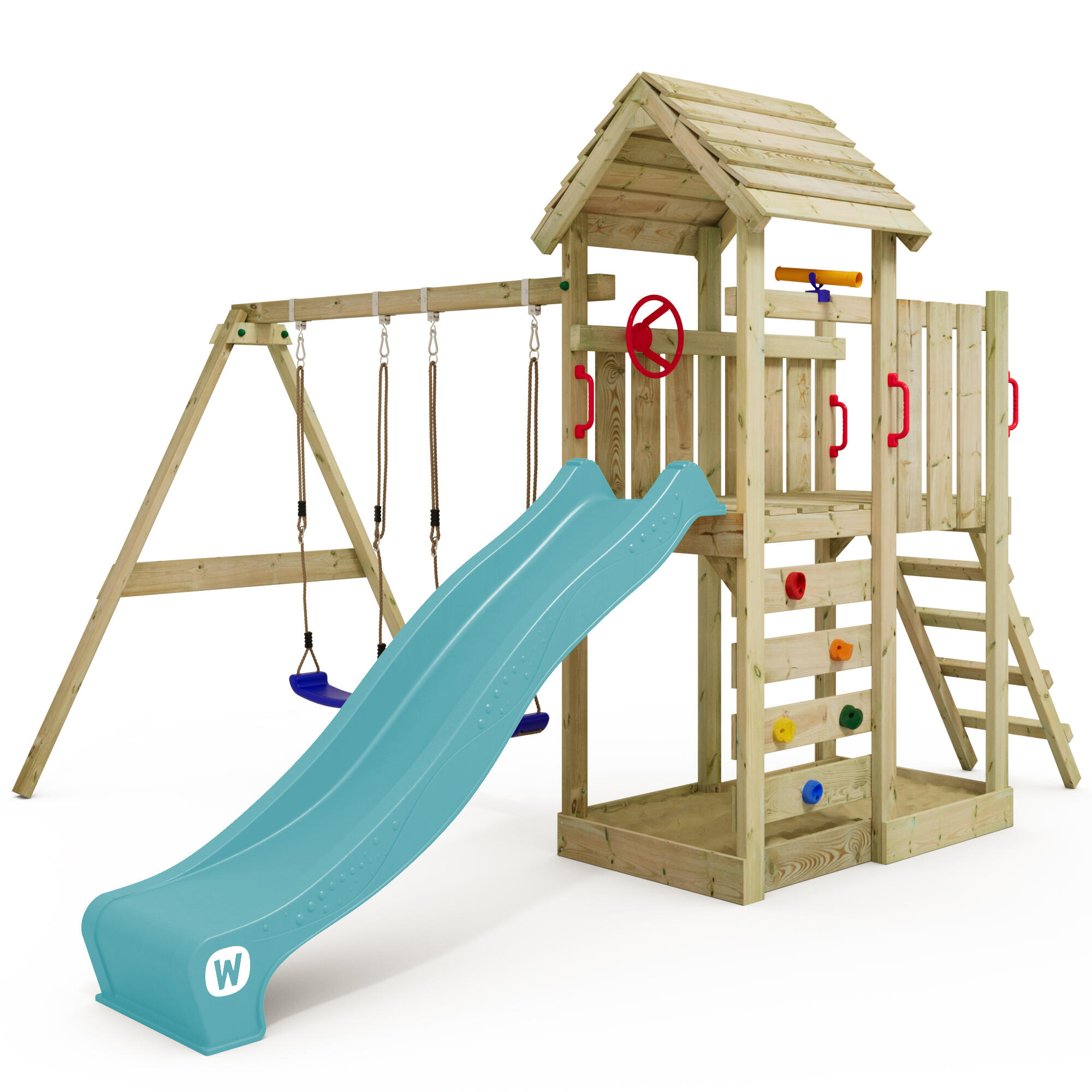 Wickey - Aire De Jeux Multiflyer Toit En Bois Avec Balançoire Turquoise - Aire De Jeu - Bleu - No Size - Decathlon