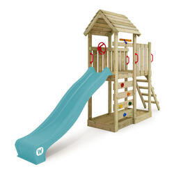 Aire de jeux Portique bois JoyFlyer avec toboggan turquoise