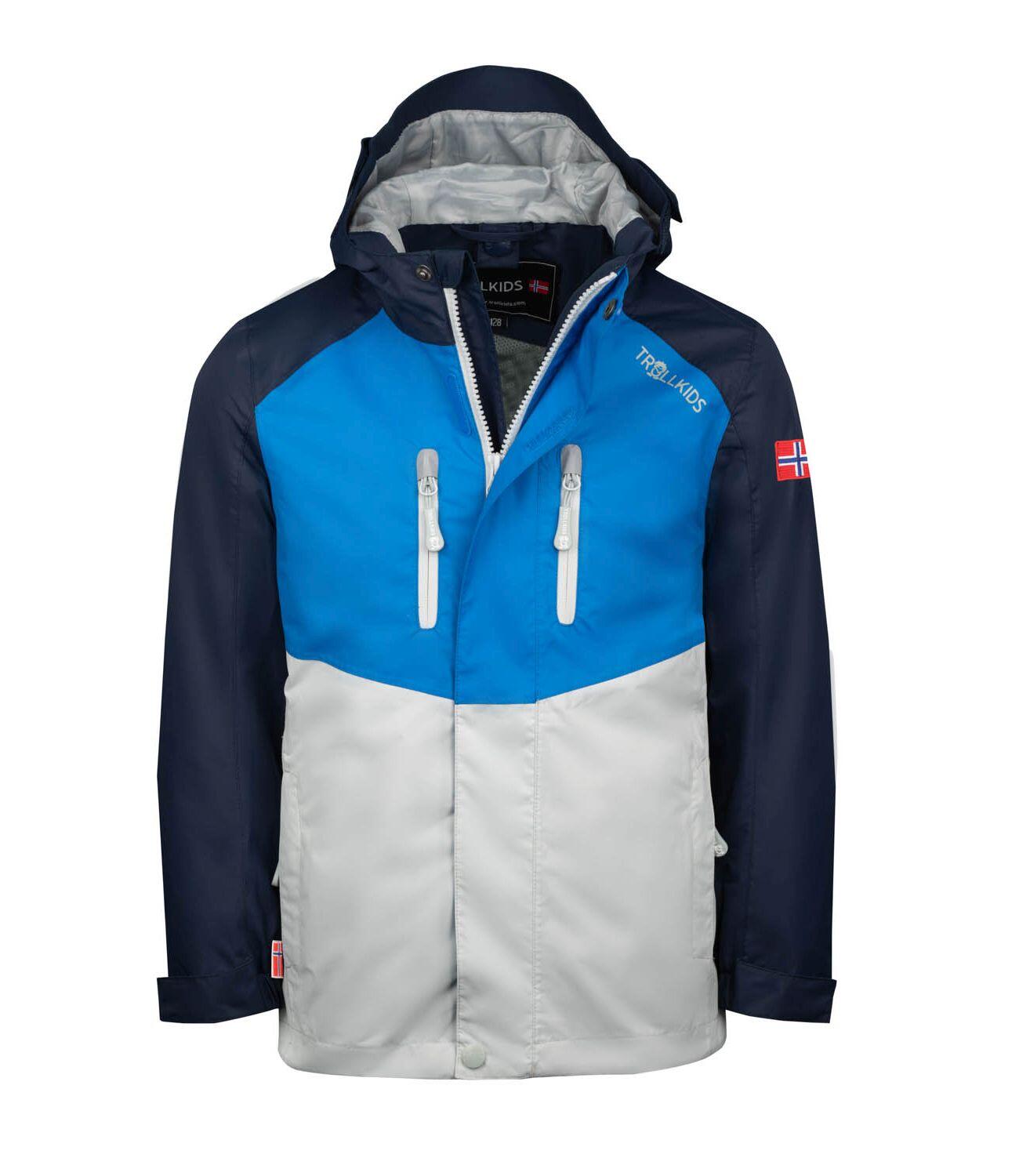 TROLLKIDS Kinder Regenjacke Nusfjord Marineblau/Leuchtblau/Wolkengrau
