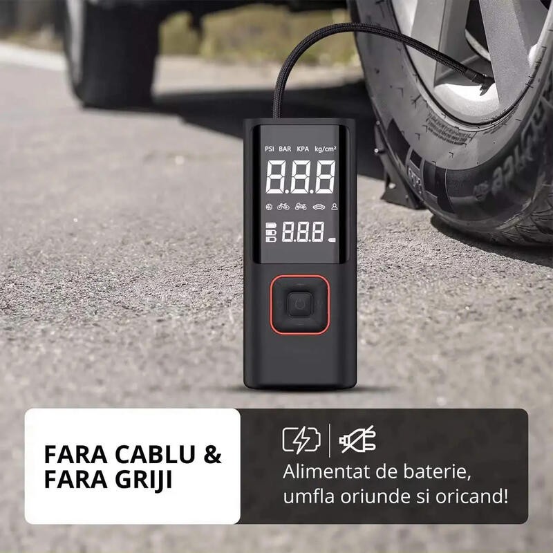 Mini compresor aer digital 3in1, portabil, 80W, 150 PSI, 30 L/min, 3 x 2000 mAh