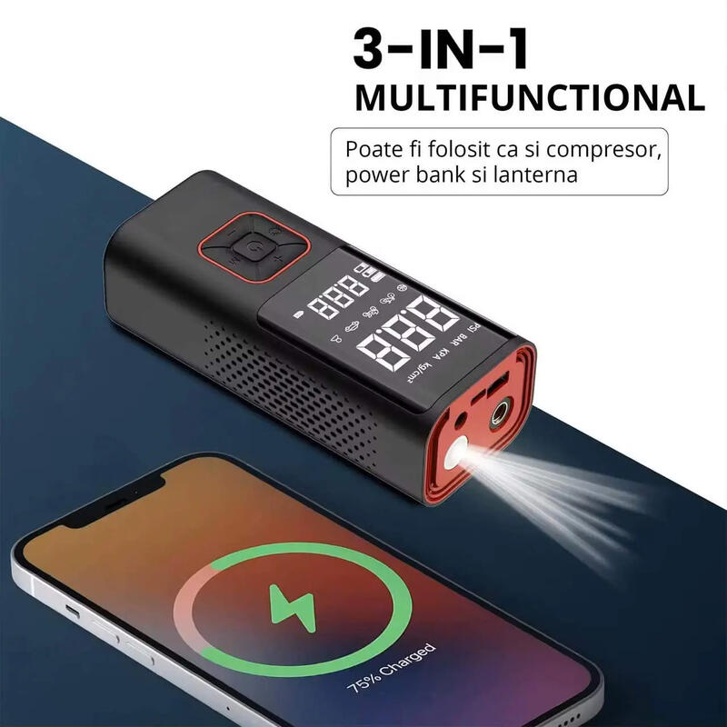 Mini compresor aer digital 3in1, portabil, 80W, 150 PSI, 30 L/min, 3 x 2000 mAh