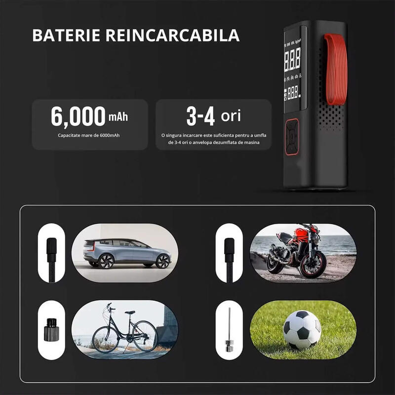 Mini compresor aer digital 3in1, portabil, 80W, 150 PSI, 30 L/min, 3 x 2000 mAh