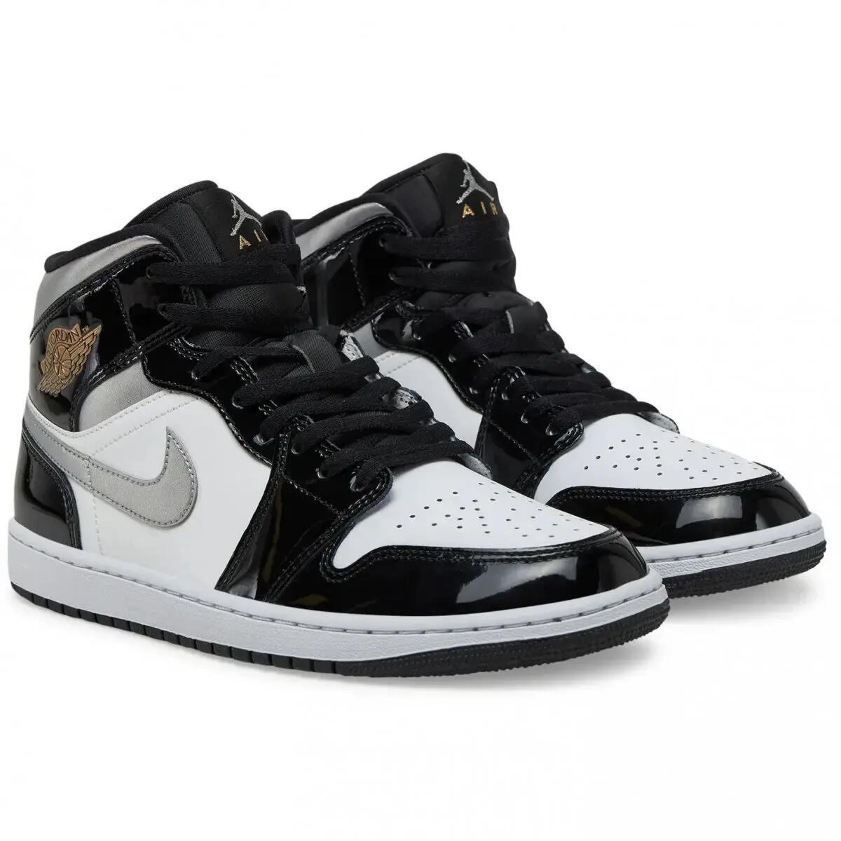 Air Jordan 1 Mid SE Patent Black White Metallic Silver Metallic Gold 2/6
