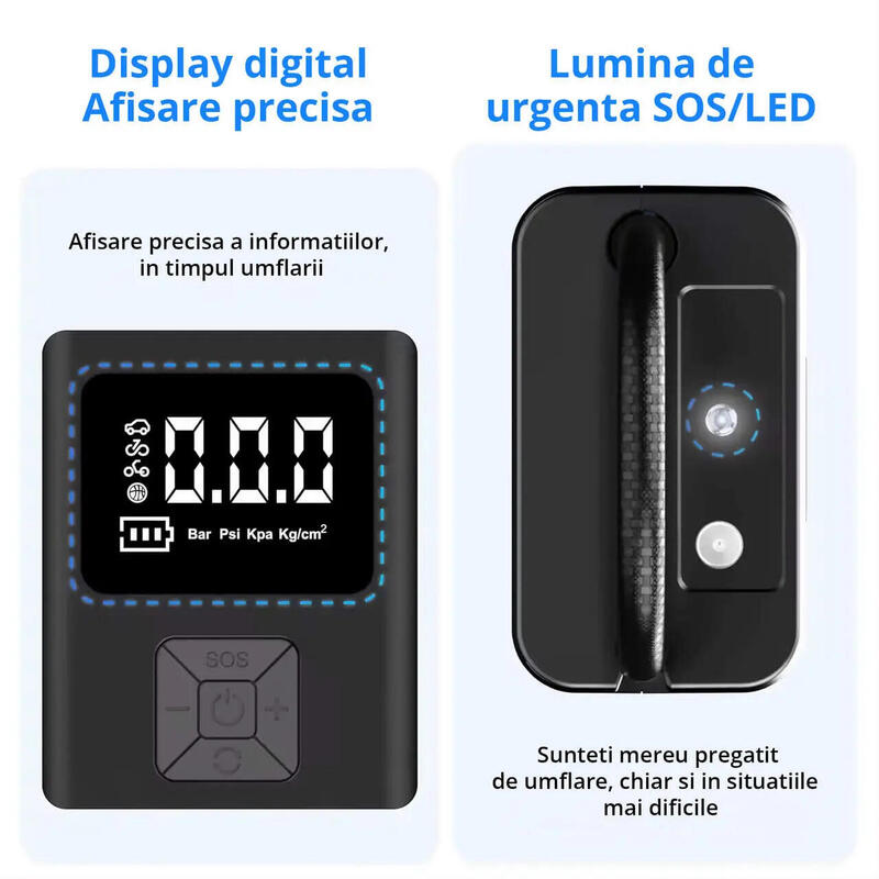 Compresor aer portabil reincarcabil 3 in 1, 150 PSI, 20 L/min, 2 x 2000 mAh