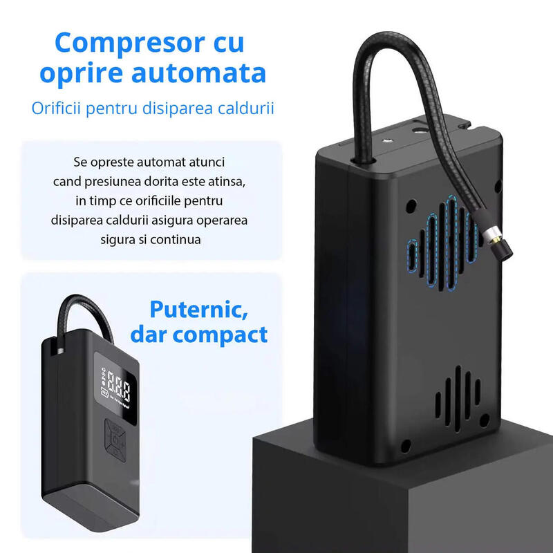 Compresor aer portabil reincarcabil 3 in 1, 150 PSI, 20 L/min, 2 x 2000 mAh
