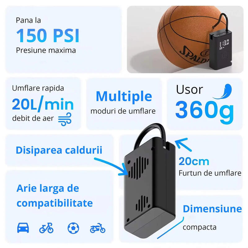Compresor aer portabil reincarcabil 3 in 1, 150 PSI, 20 L/min, 2 x 2000 mAh