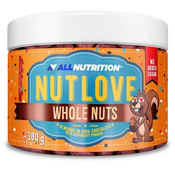 NUTLOVE WHOLENUTS - AMANDELEN IN CHOCOLADE, BESTROOID MET FRAMBOZENPOEDER 300g