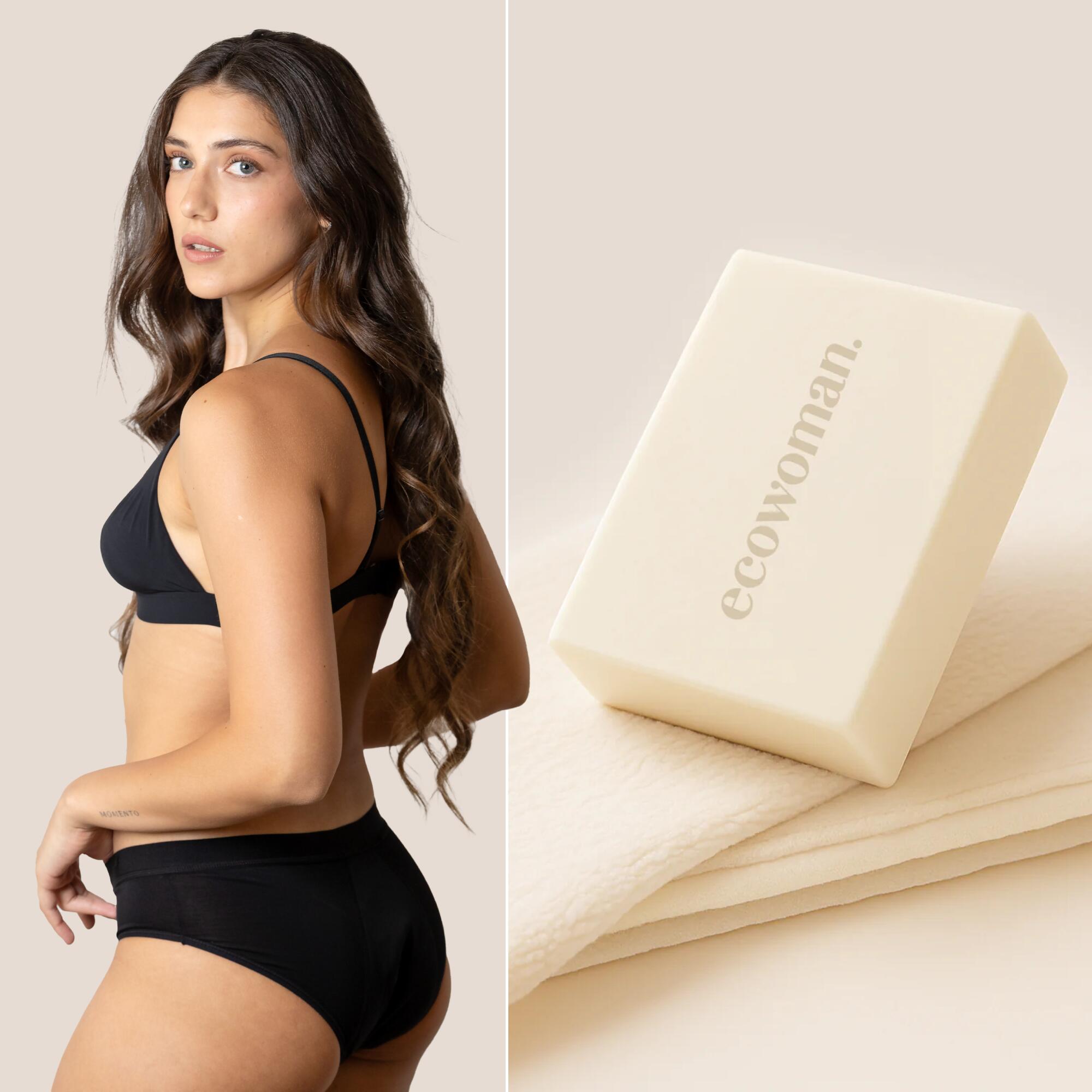 ECOWOMAN Braga Menstrual Clásica Negra Mujer+Jabón Quitamanchas Natural Ecowoman