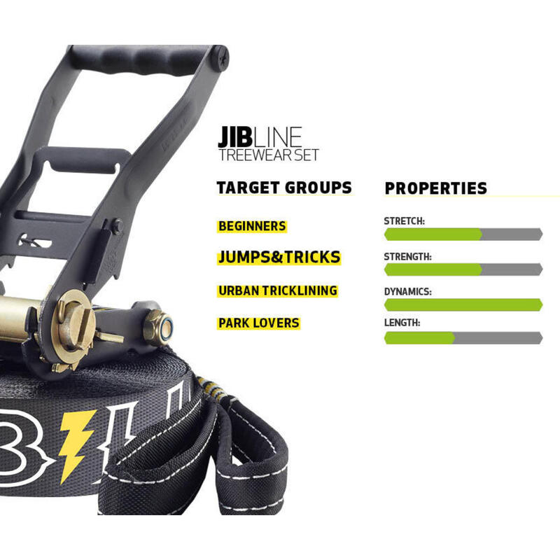 Gibbon Slacklines Jibline Set 15m - Con Treewear Nero - Fettuccia Per Slackline 12,5m + Cricchetto 2,5m - Larghezza 5cm Per Trickline E Equilibrio