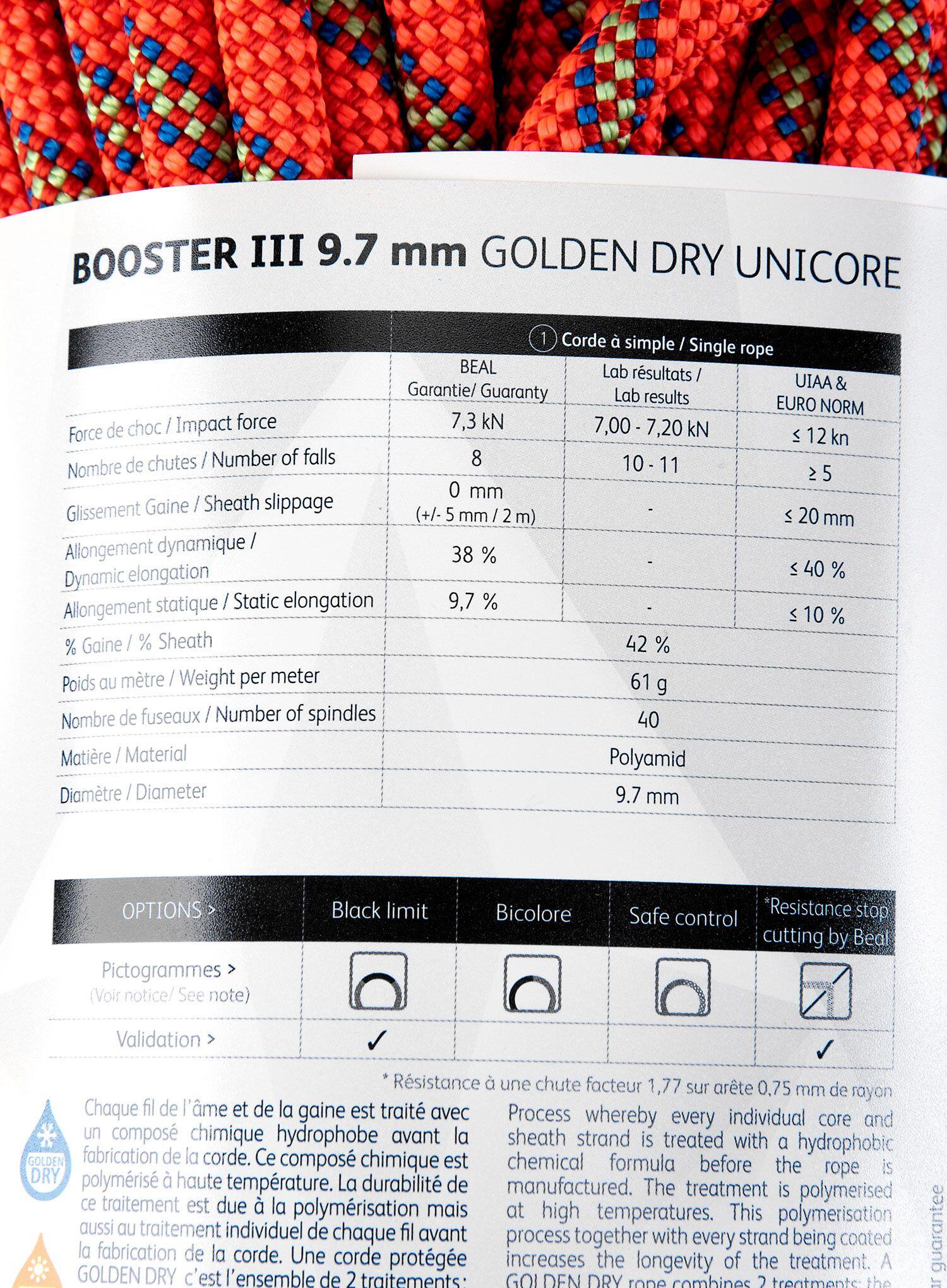 Corde à simple Beal Booster III 9,7 mm Golden Dry 60 m UNICORE légère 61 g m 7/7