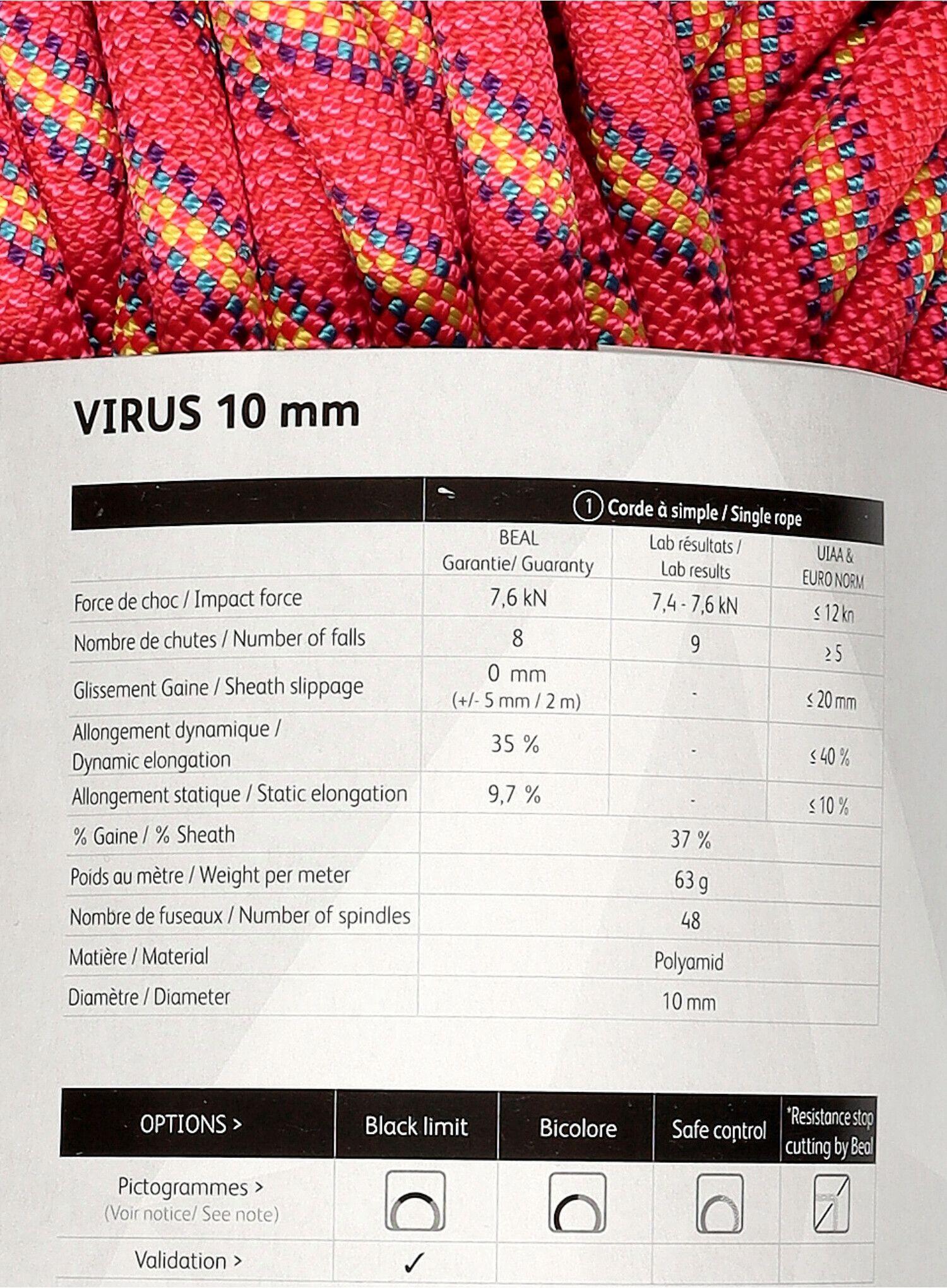 Corde dynamique Beal Virus 10 mm 60 m rose, 100% polyamide recyclé EN892 4/6