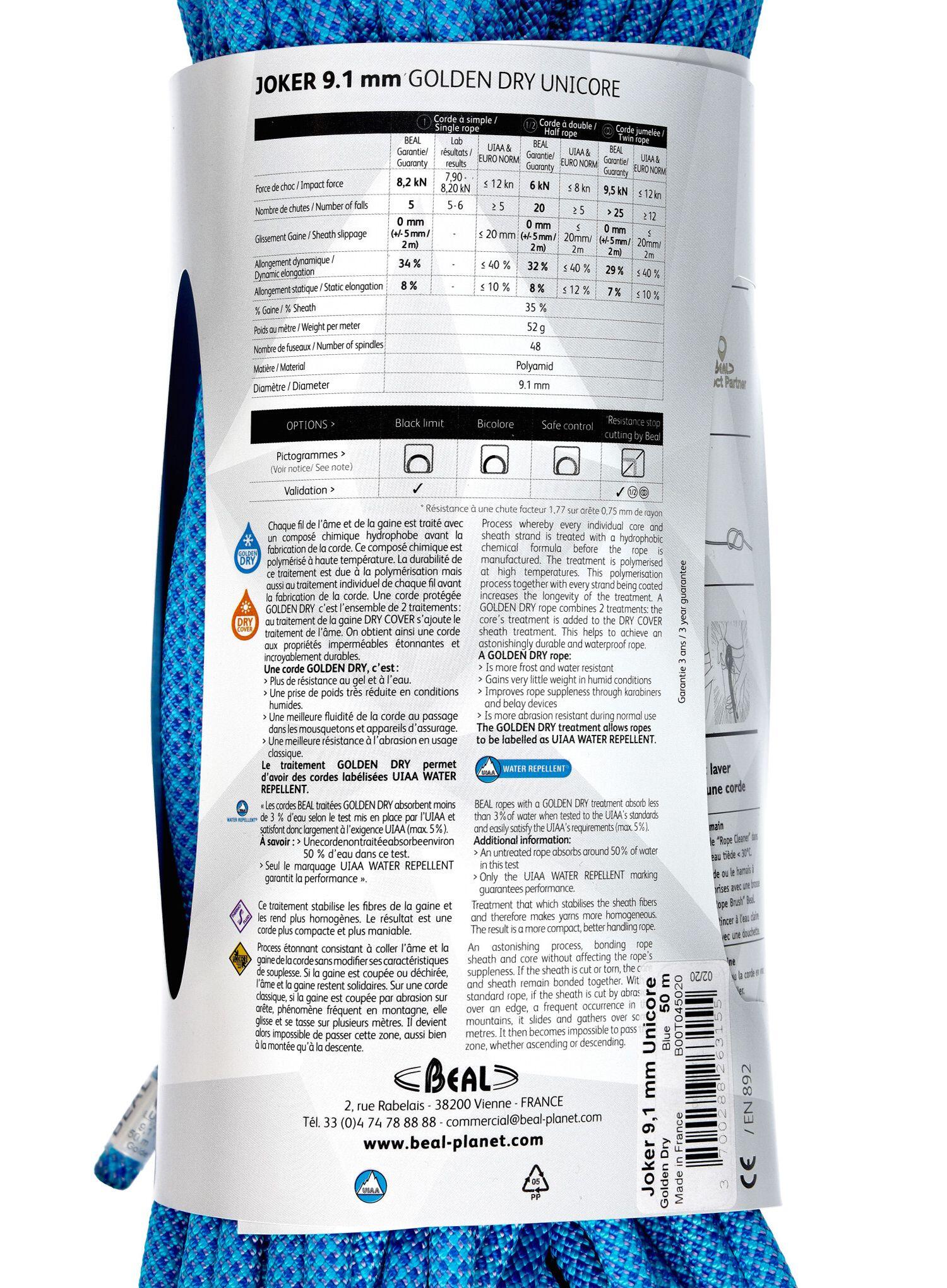 Lina wspinaczkowa dynamiczna Beal Joker Unicore 9,1 mm 50 m Golden Dry Blue 7/7