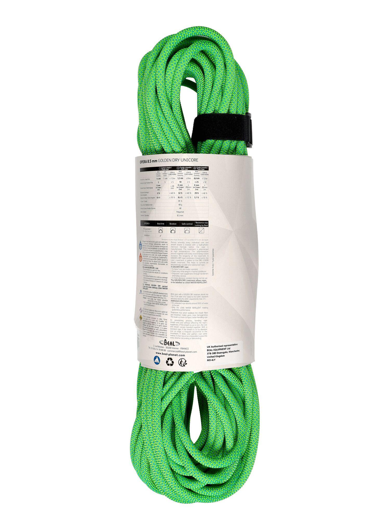 Corde d’escalade Beal Opera 8,5 mm 50 m Unicore Golden Dry, vert 3/6