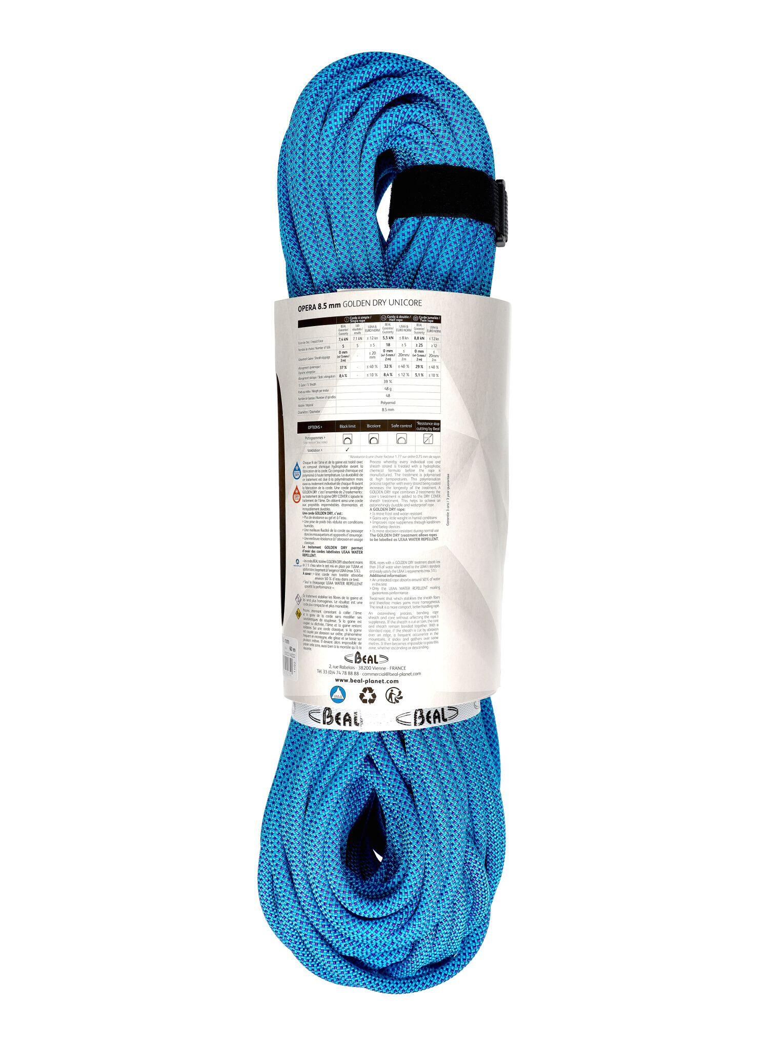 Corde d'escalade Beal Opera 8,5 mm 60 m UNICORE GOLDEN DRY bleu 3/6