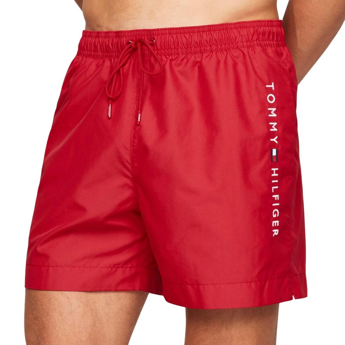 TOMMY HILFIGER Mens Original Logo Mid Length Swim Shorts (Red)