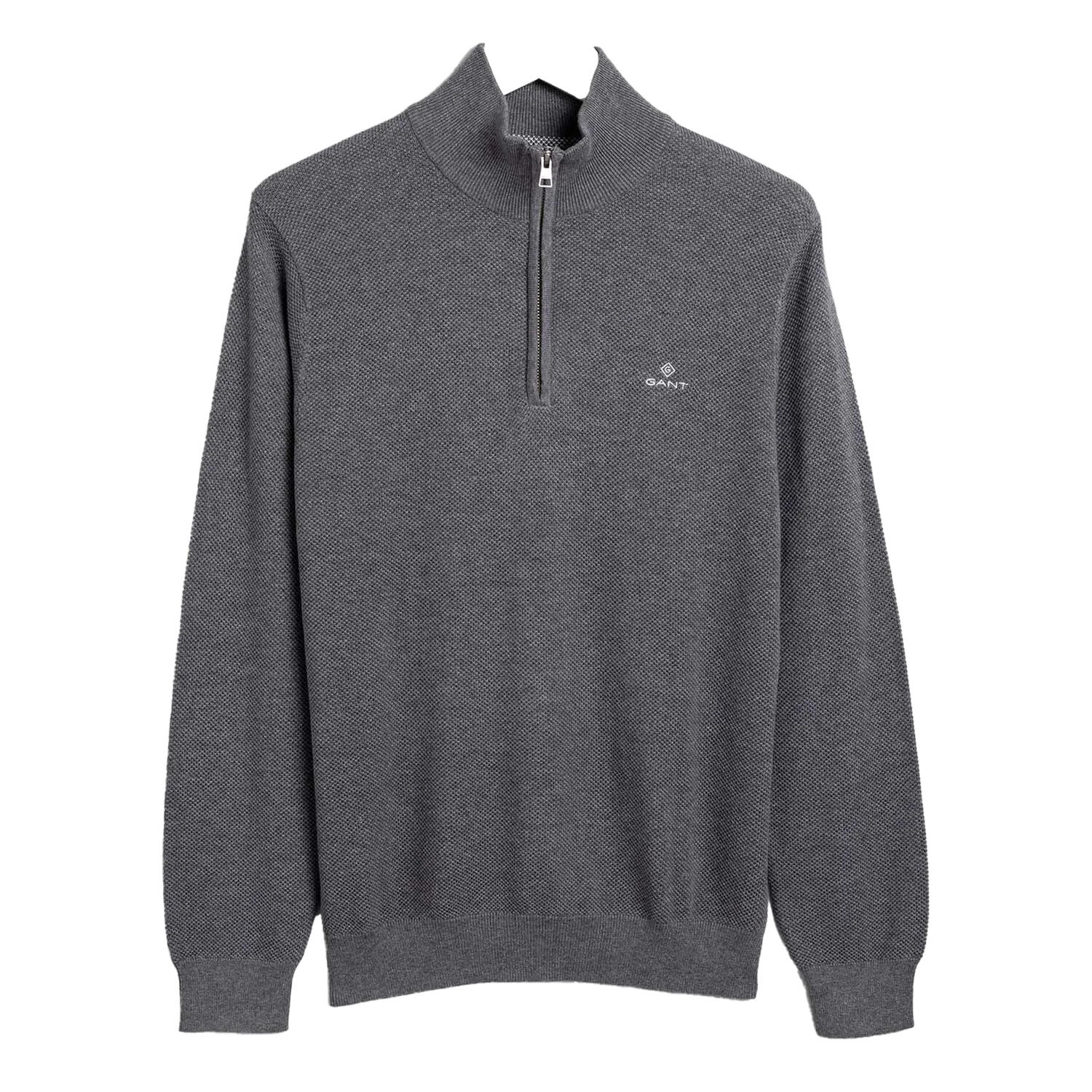 Mens Cotton Pique Half Zip Sweater Top (Grey Marl) 1/2