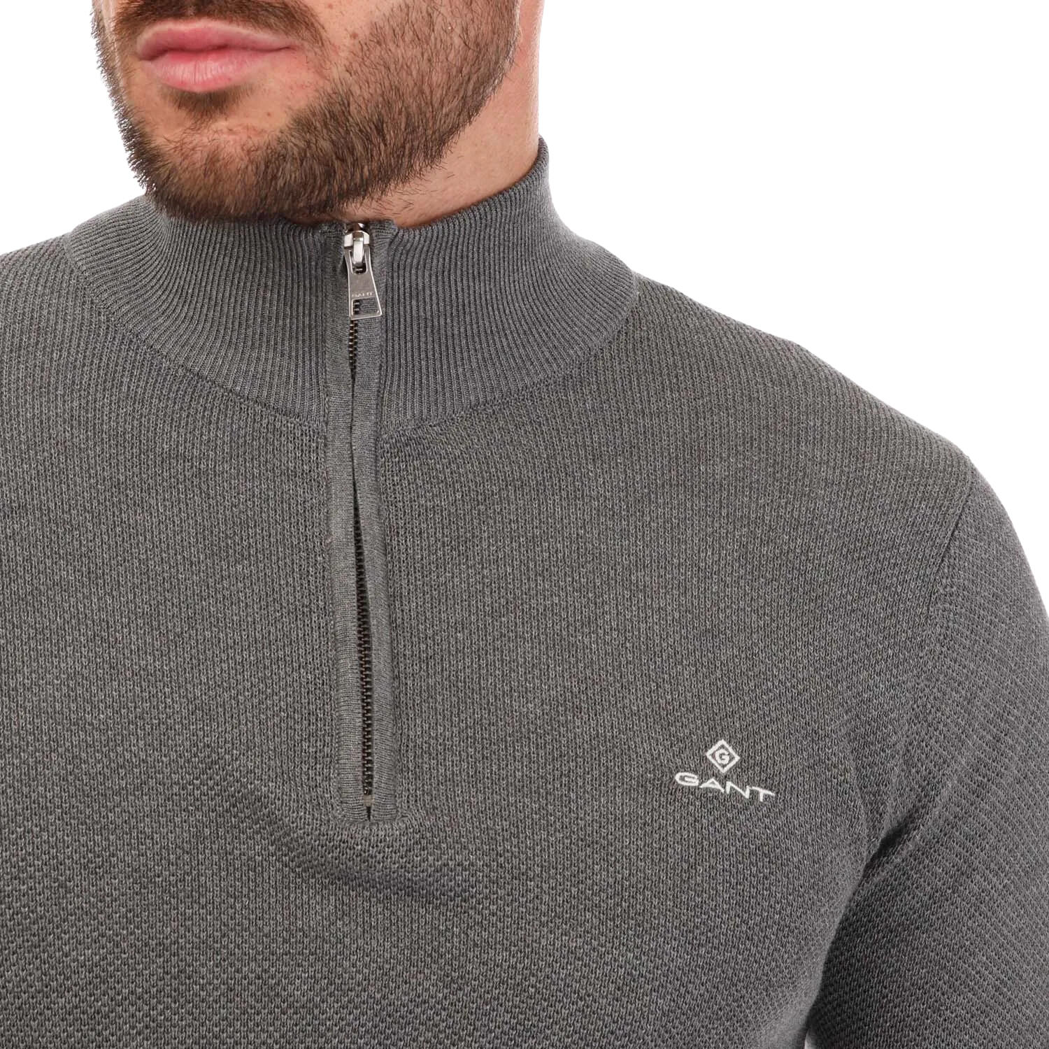 Mens Cotton Pique Half Zip Sweater Top (Grey Marl) 2/2