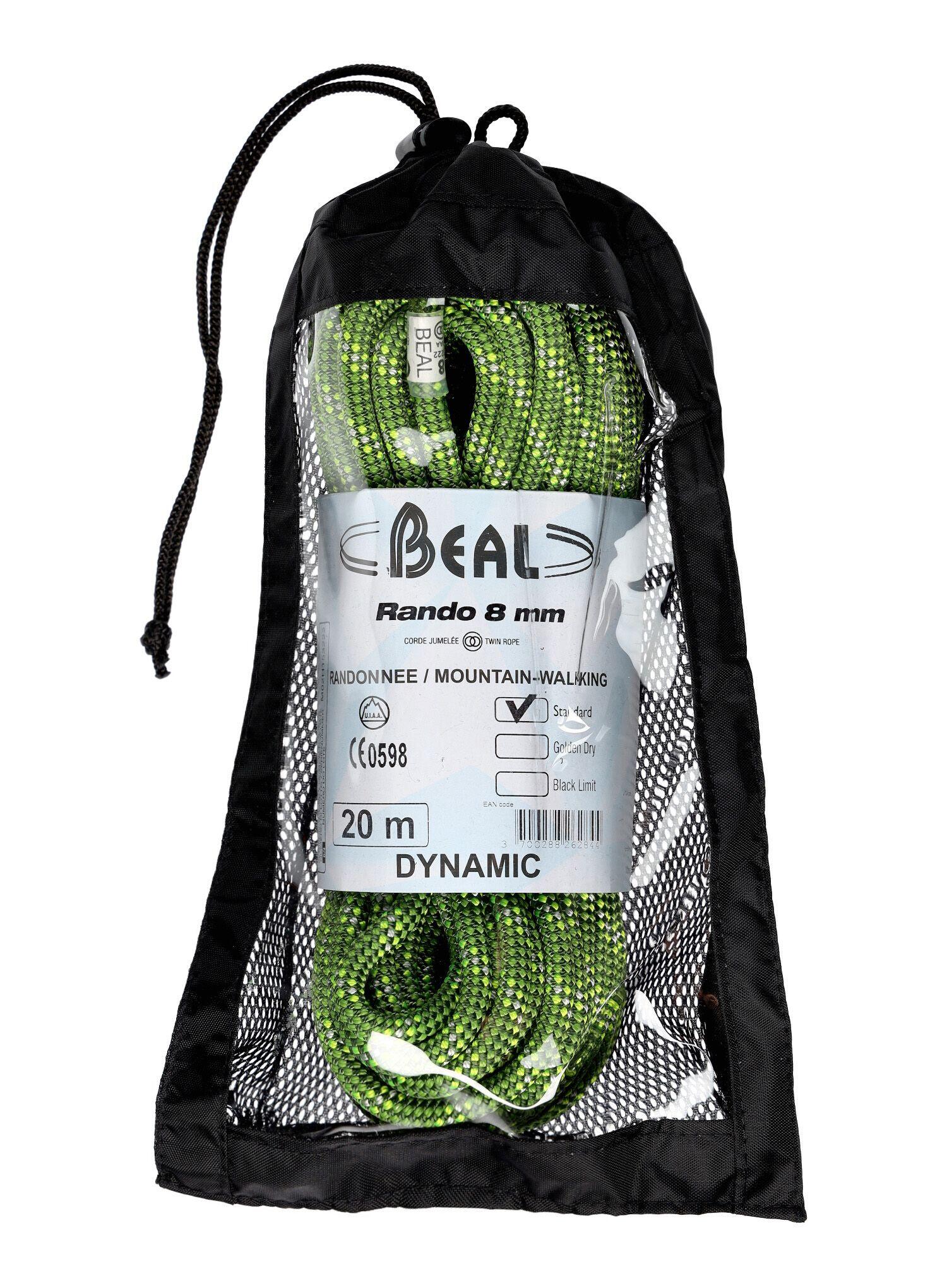 Corda BEAL Rando 8 mm verde 20 m leggera Golden Dry UIAA CE 37 g/m 4/6
