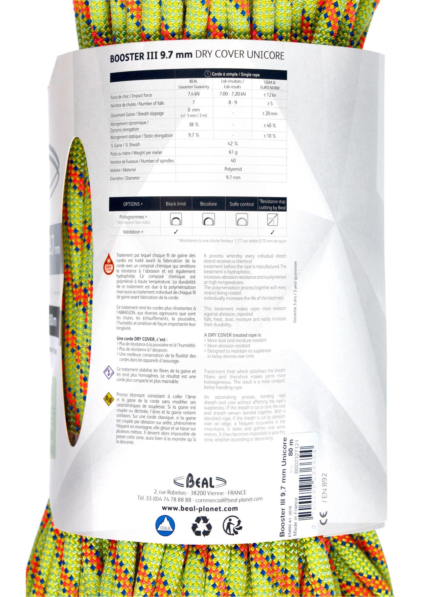 Corde simple Beal Booster III 9,7 mm 80 m Unicore Drycover légère 61 g/m 6/6