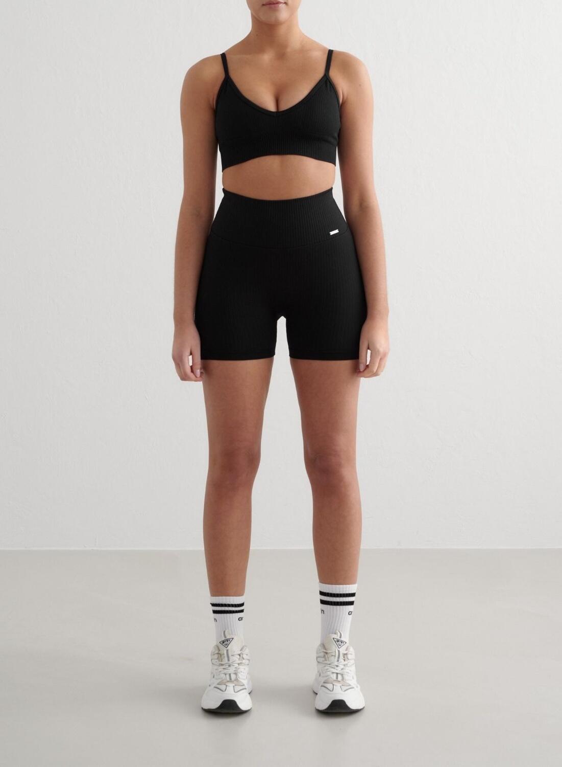 Donna Yoga Reggiseno Sportivo A Coste Scollatura Profonda Nero 3/4