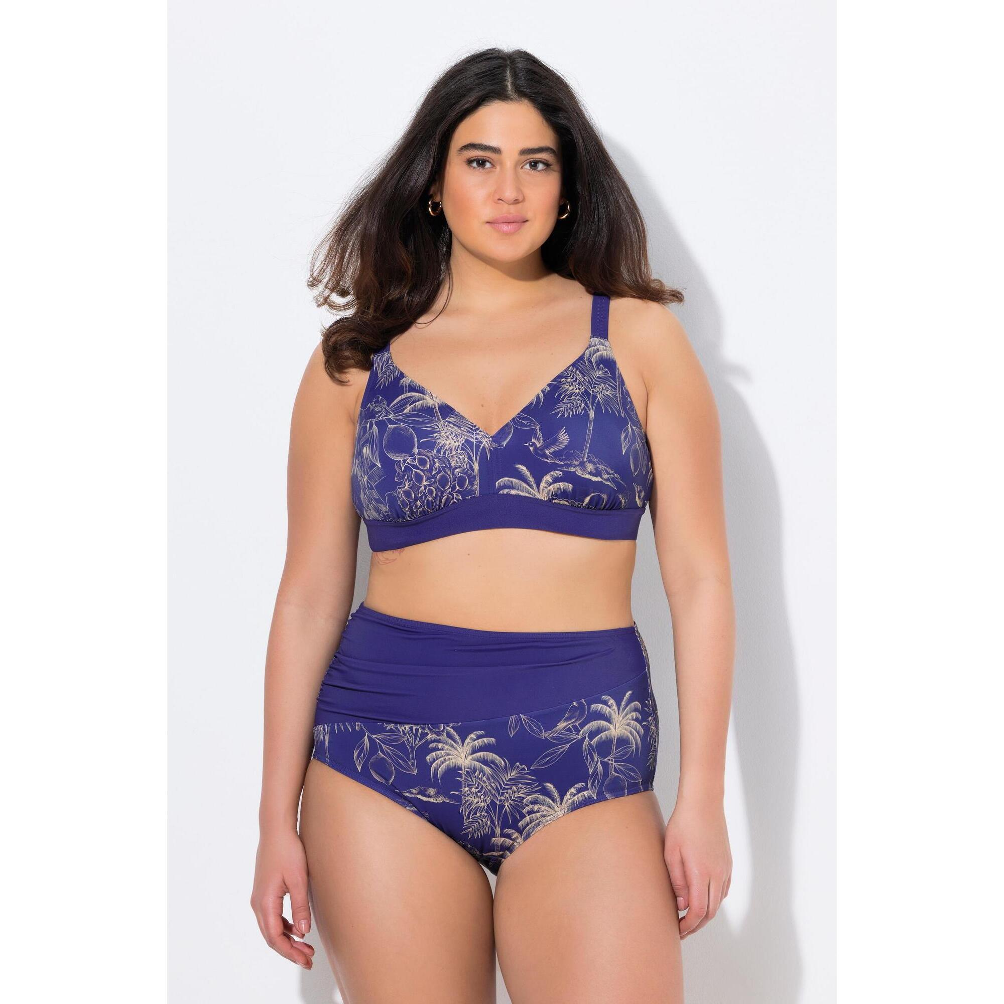 Ulla Popken - Femme Bikini Motif Palmiers Sans Bonnets Souples Bretelles Réglables - Maillot De Bain 2 Pièces (bikini) - Bleu - 42 M/l - Decathlon