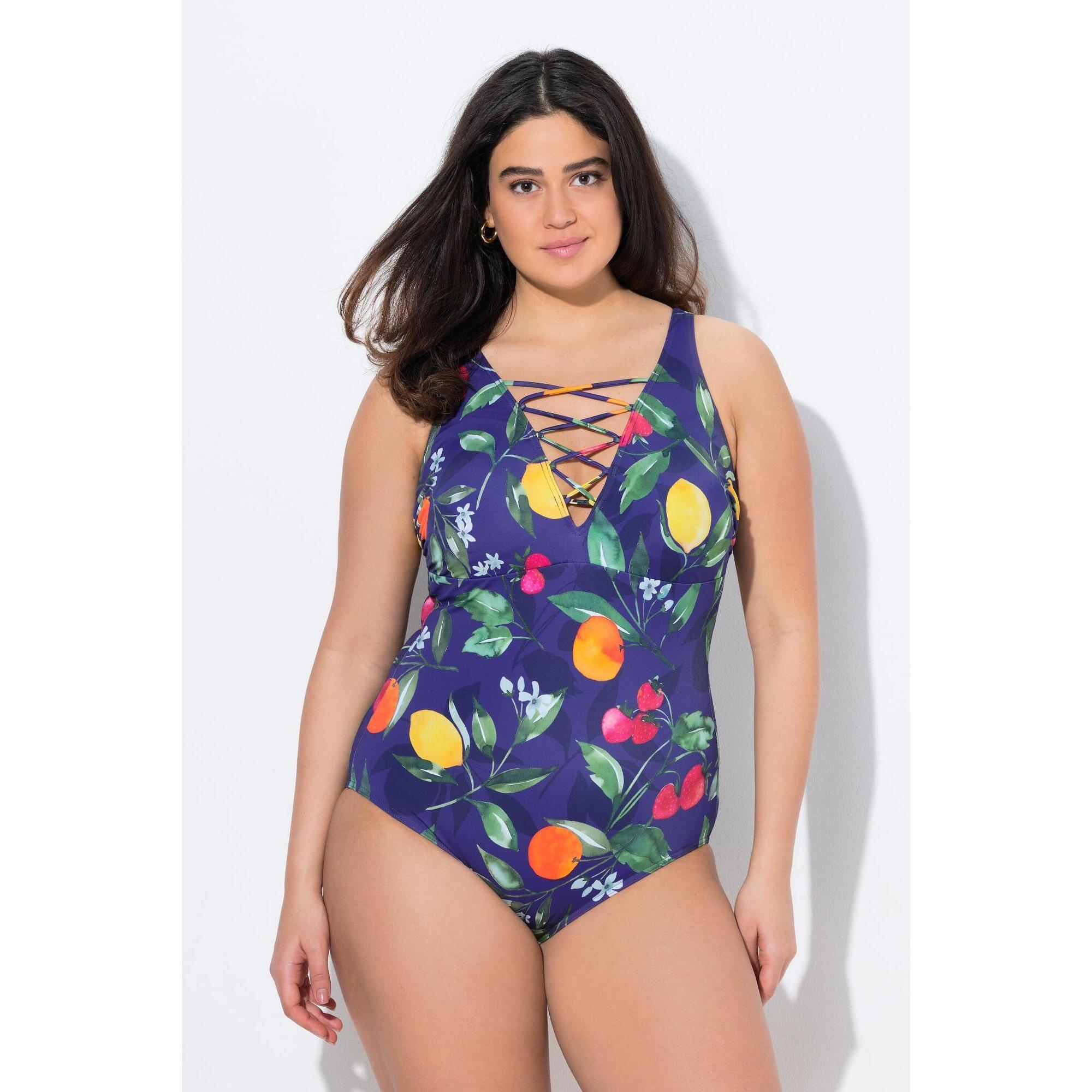 Ulla Popken - Femme Maillot De Bain Motif Fruits Bonnets Souples Laçage Matière Recyclée - Maillot De Bain 1 Pièce - Bleu - 44 L - Decathlon