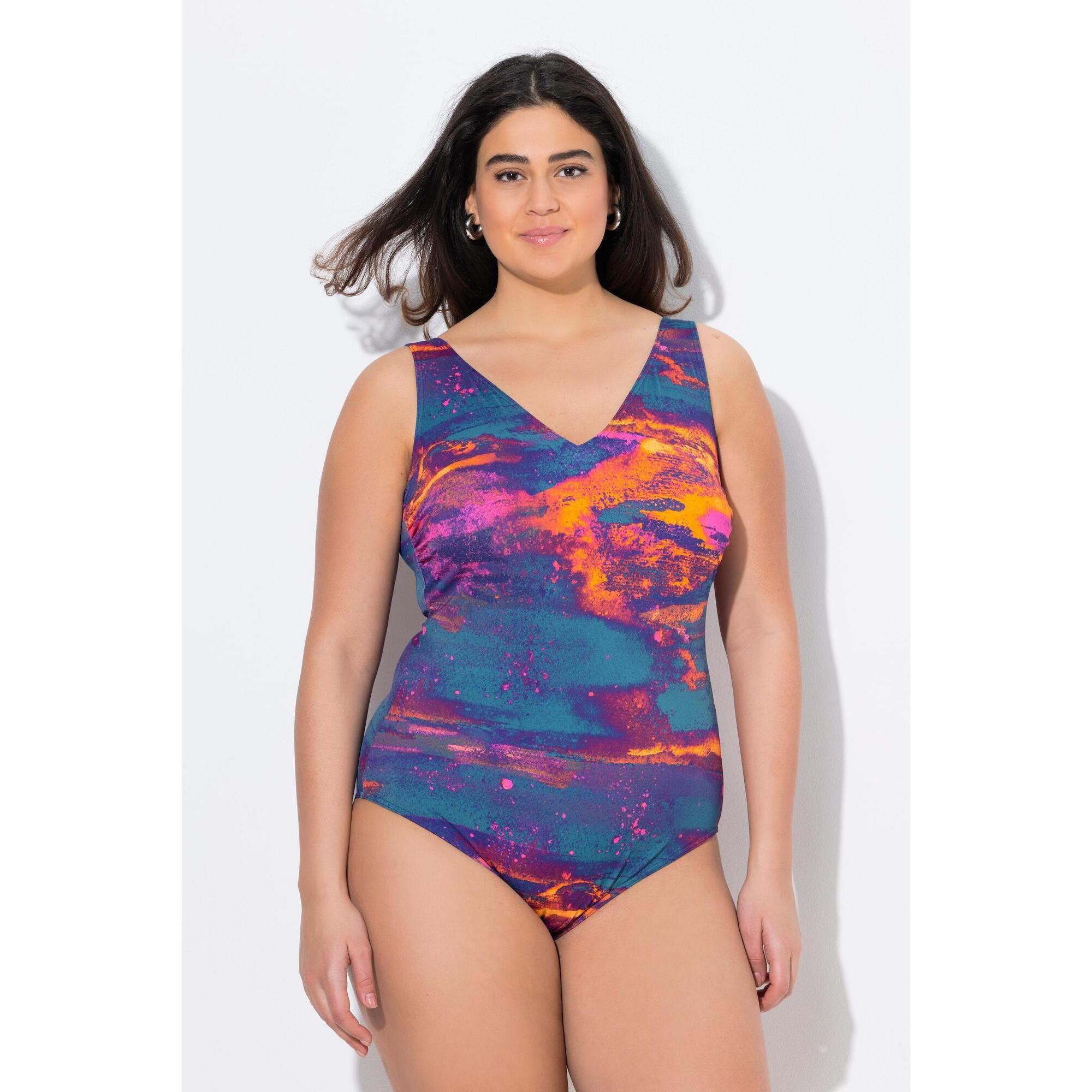 Ulla Popken - Femme Maillot De Bain Sans Bonnets Souples Col V Matière Recyclée - Maillot De Bain 1 Pièce - Jaune|orange - 50 - Decathlon