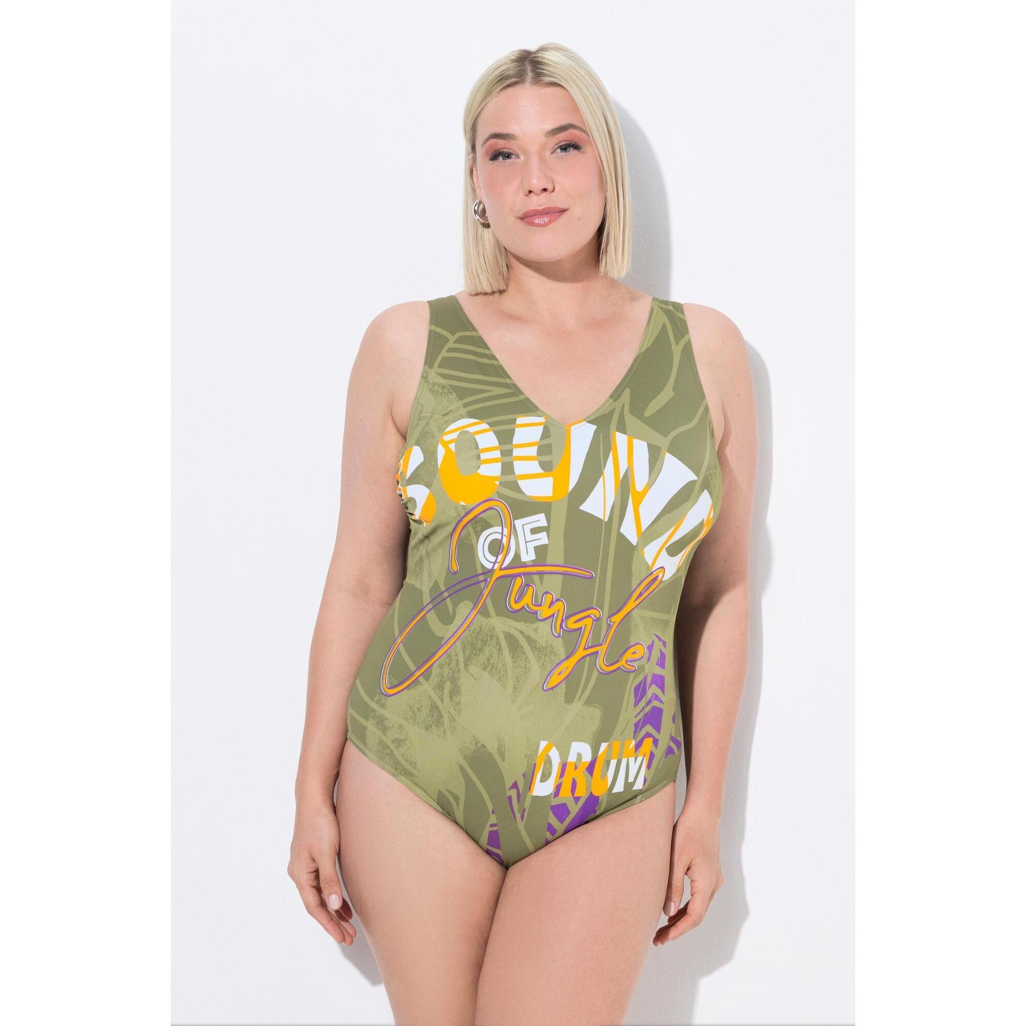 Ulla Popken - Femme Maillot De Bain Sans Bonnets Souples. Décolleté V. Imprimé Jungle - Maillot De Bain 1 Pièce - Vert - 54 - Decathlon