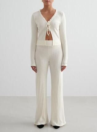 Femme Pantalon à Jambe Large Maille Pointelle Blanc d'Amande