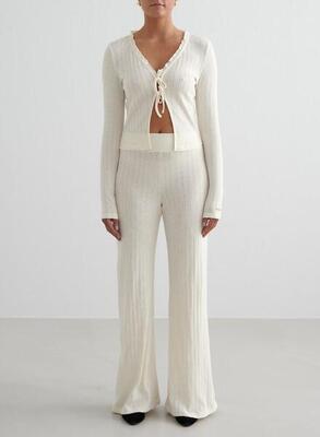 Damen Hose mit weitem Bein Pointelle-Strick Mandel Weiß
