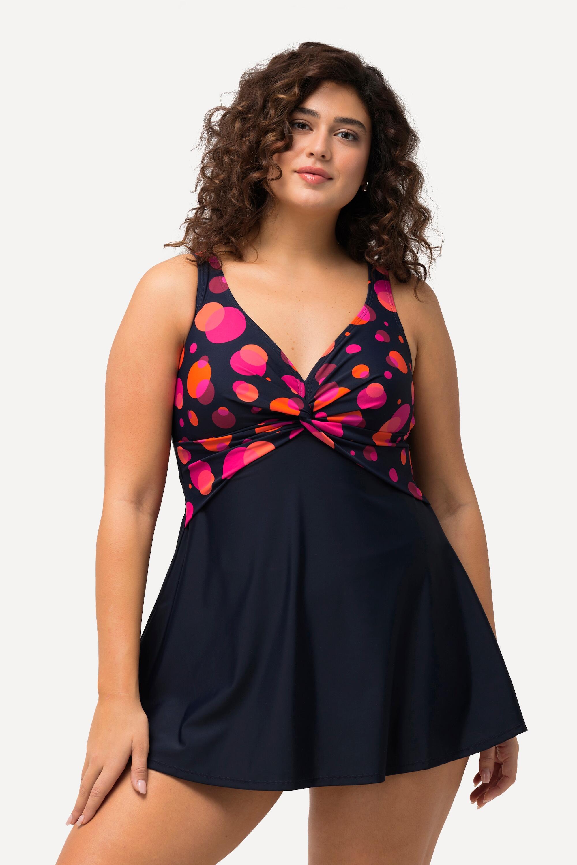 ULLA POPKEN Plus-Size Blue Polka Dot Swimsuit with Bow - Soft Cups, Recycled