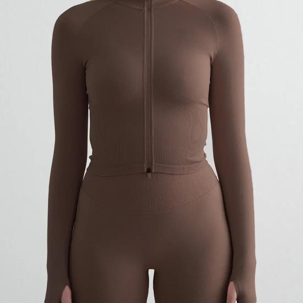 Women's Zip Jacket Long Sleeve Seamless Tight Fit Shape Macchiato Brown