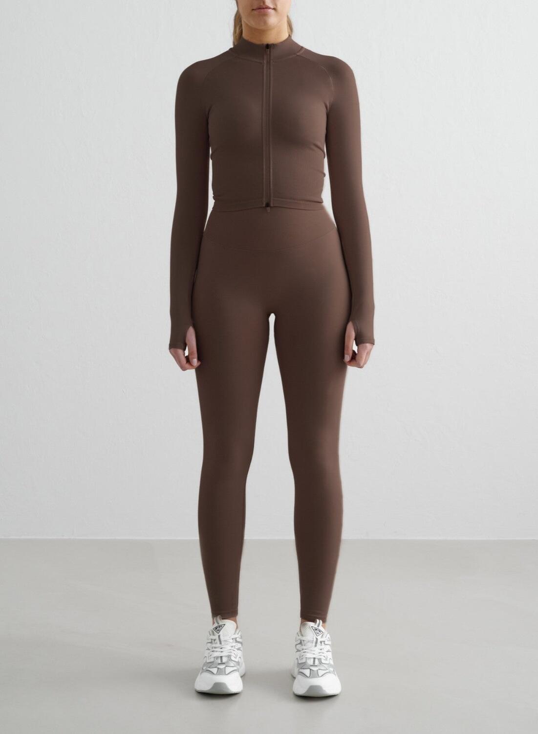 Femme Veste Zippée Sans Couture Respirante Marron 3/4