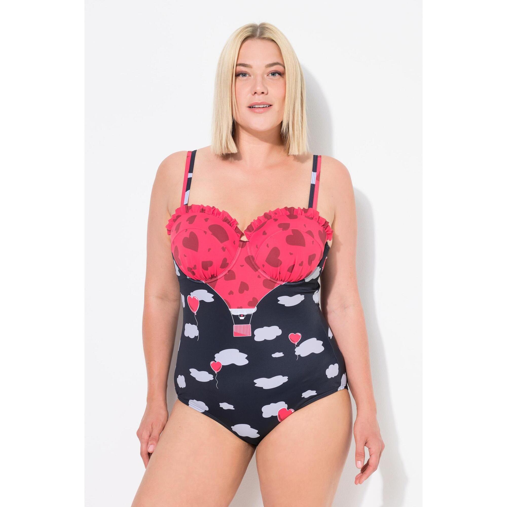 Ulla Popken - Femme Maillot De Bain Avec Ruchés Imprimé Cœurs Bonnets Souples - Maillot De Bain 1 Pièce - Noir - 56 - Decathlon