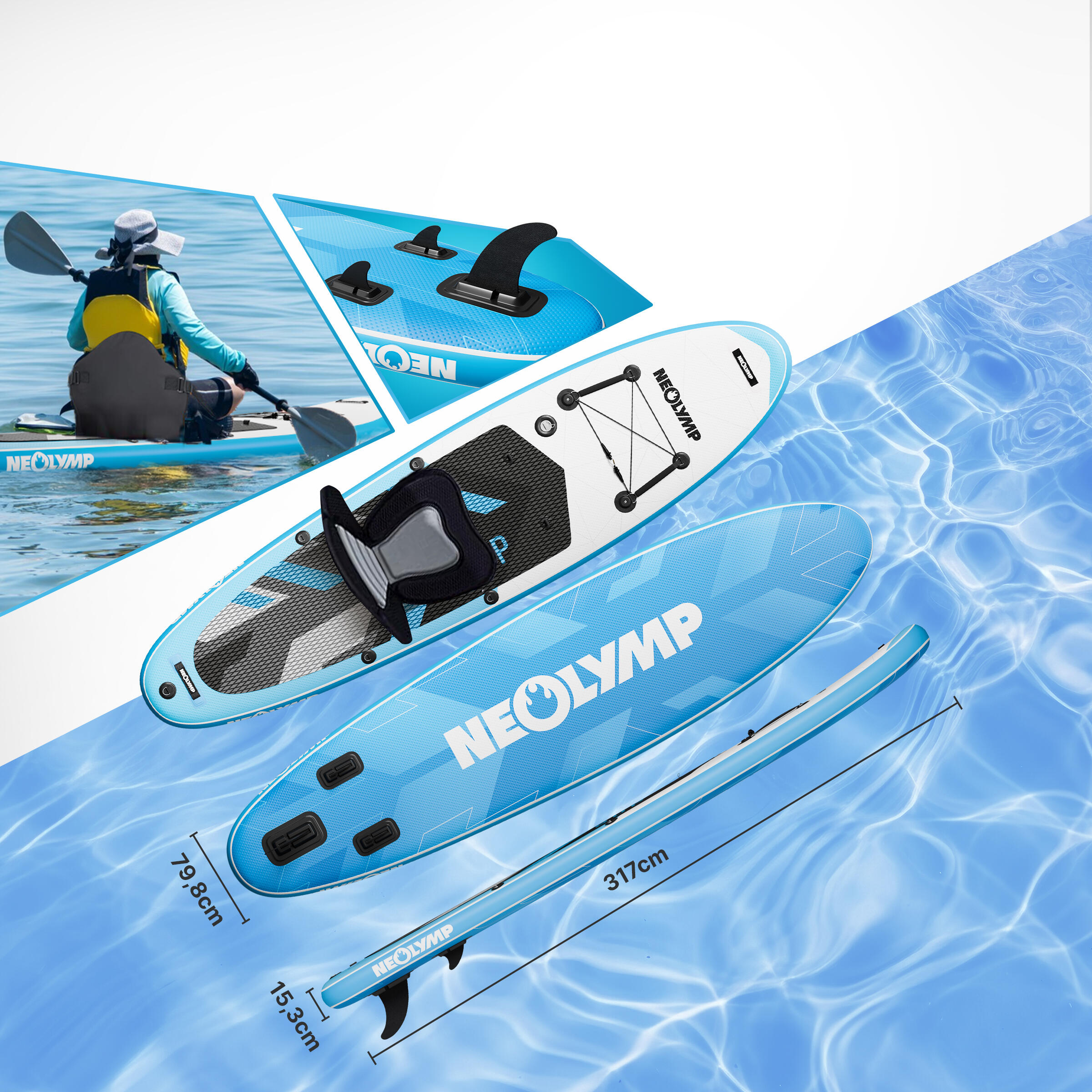 NEOLYMP SUP Board 315 cm Komplettset: Kajaksitz, Pumpe, Rucksack – 150 kg 3/7