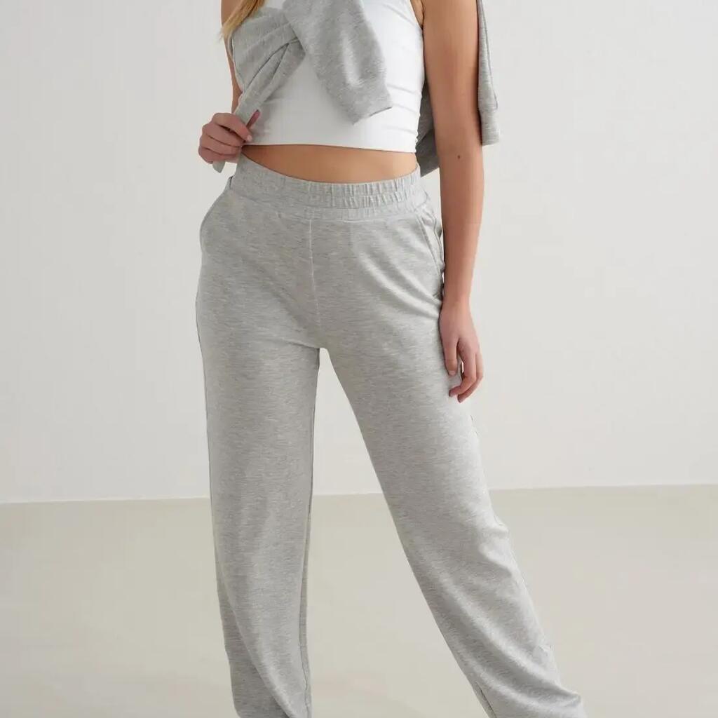 Women's Pants Wide-Leg High-Waisted With Pockets Comfy Modal Light Grey Melange