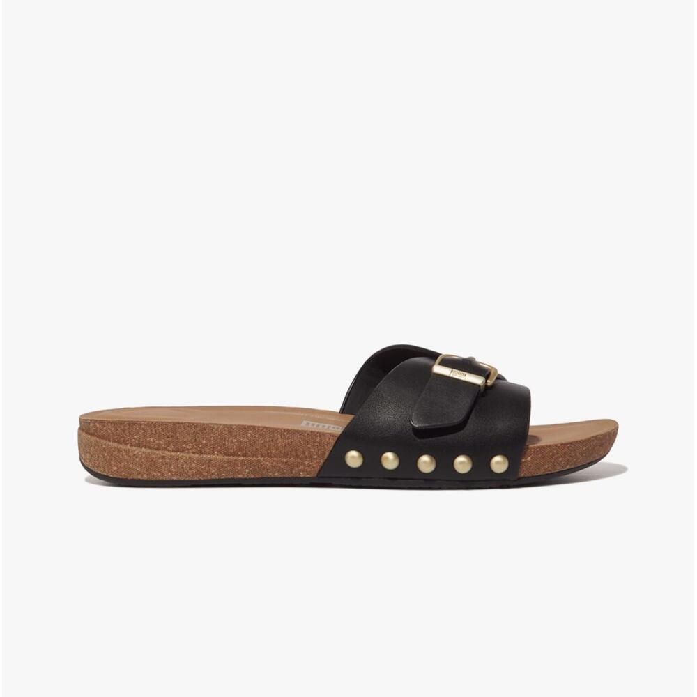 FIT FLOP Iqushion Adjustable Buckle Leather Womens Slip On Slides