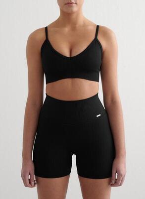 Damen Yoga Sport-BH Gerippt Nahtlos Tiefen Ausschnitt Schwarz