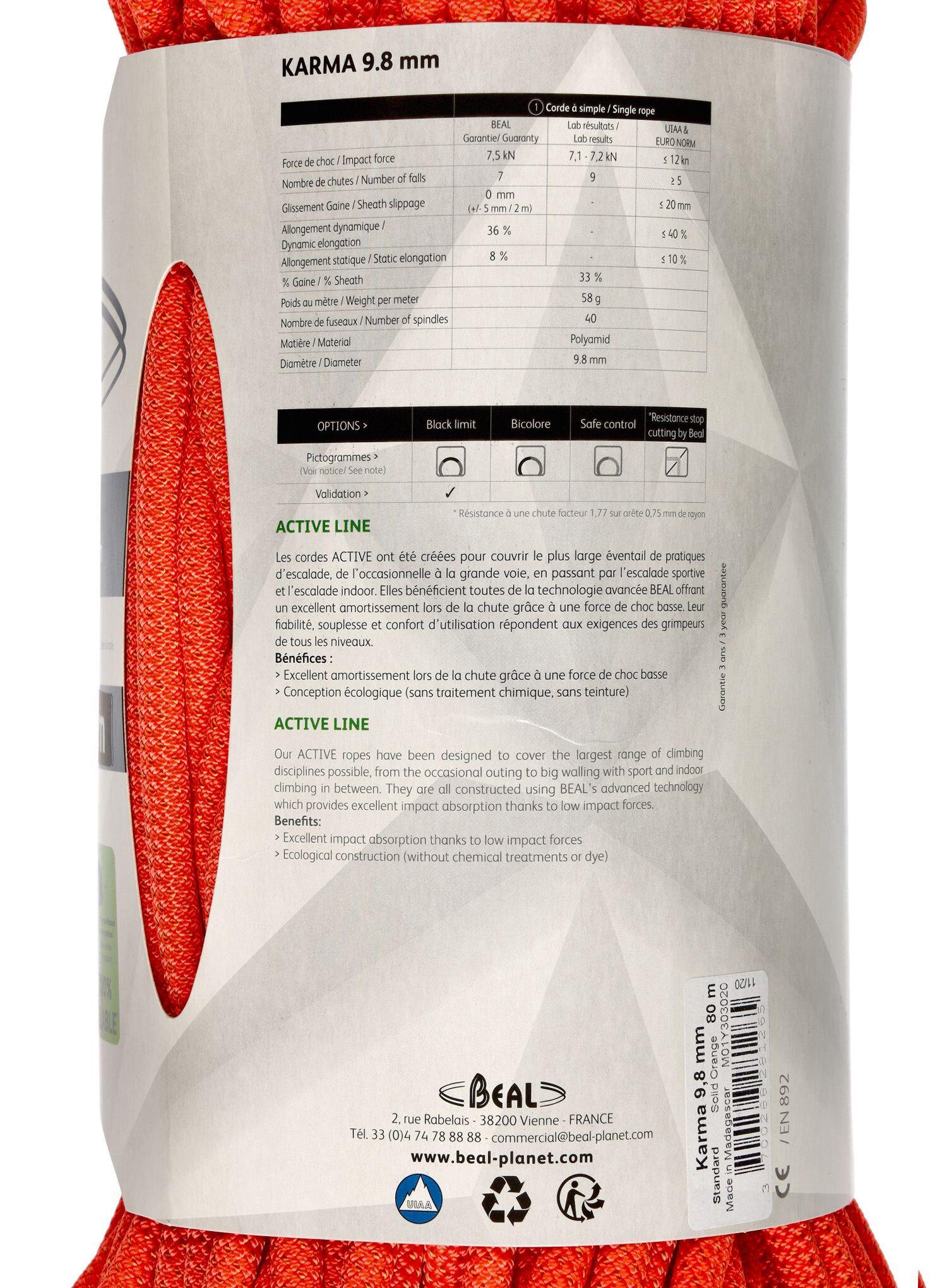 Cuerda simple Beal KARMA 9,8 mm 80 m naranja ecológica baja fuerza de choque 7/7